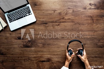 Aerial view of computer laptop on wooden table