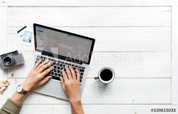 Aerial view of computer laptop on wooden table photography hobby concept
