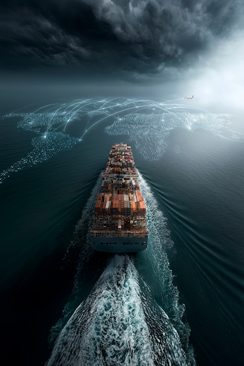 Aerial View of Container Cargo Ship in Dark Ocean