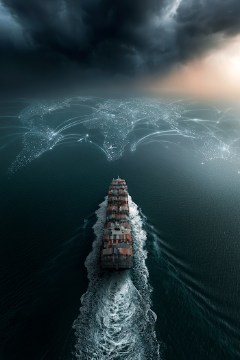 Aerial View of Container Ship in Dramatic Ocean Scene