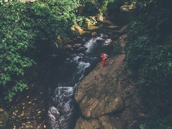 Aerial View of Couple Kissing Near Water Stream