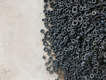 Aerial View of Discarded Rubber Tires in Industrial Yard