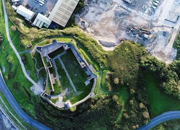 aerial view of green grass field near establishments