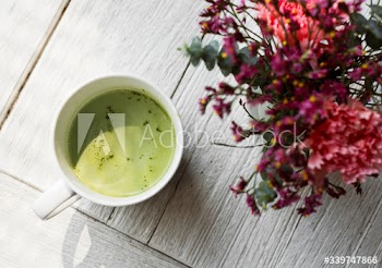 Aerial view of green tea drink