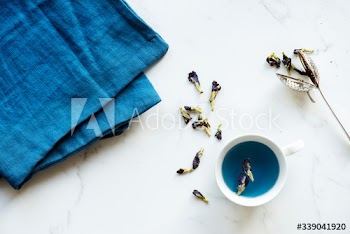 Aerial view of hot butterfly pea tea drink