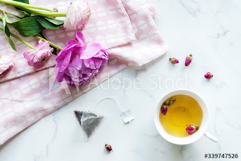 Aerial view of hot rose tea drink