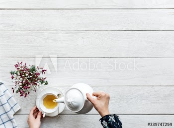 Aerial view of hot tea drink break and relaxation concept with copy space