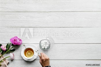 Aerial view of hot tea drink break and relaxation concept with copy space