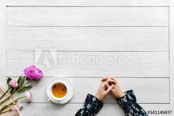 Aerial view of hot tea drink with copy space