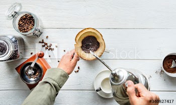 Aerial view of people making drip coffee