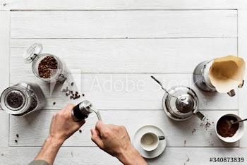 Aerial view of people making drip coffee