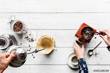 Aerial view of people making drip coffee