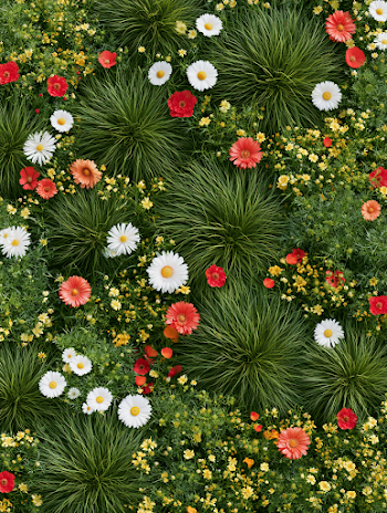 Aerial View of Vibrant Wildflowers and Lush Green Grass