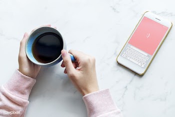 Aerial view of woman with a hot cup of coffee.. | Free stock psd mockup - 384979