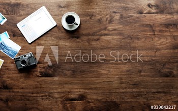 Aerial view of wooden table and photography hobby concept
