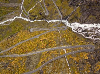 aerial view of zig-zag road