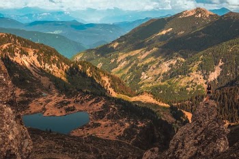 aerial view photography of lake surrounded by mountains during daytime