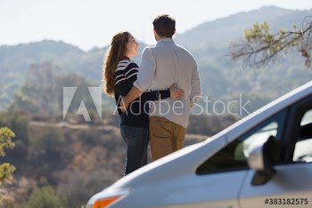 Affectionate couple hugging outside car at sunny roadside