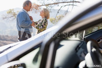 Affectionate senior couple outside car at sunny roadside