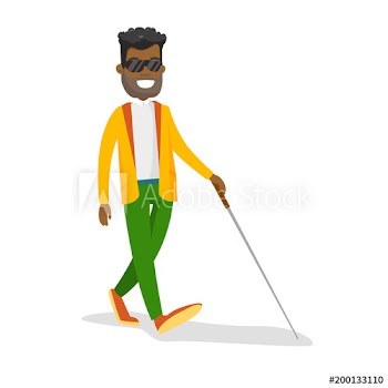 African-american blind businessman strolling with a walking stick
