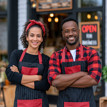 African American Business Owners Smiling with Customers in Front of Open Store