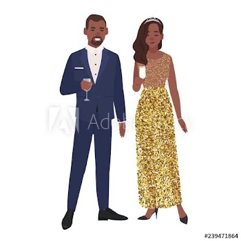 African American couple in posh elegant evening clothes drinking alcohol isolated on white background