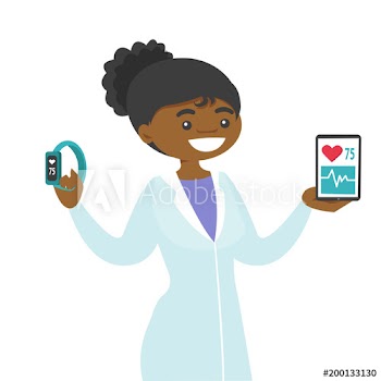 African-american doctor holding smartphone and smartwatch with health application for measuring of heart rate