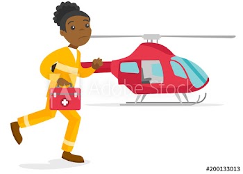 African-american doctor of air ambulance running on the background of rescue helicopter