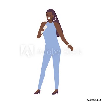 African American singer, vocalist or songstress wearing elegant jumpsuit and holding microphone