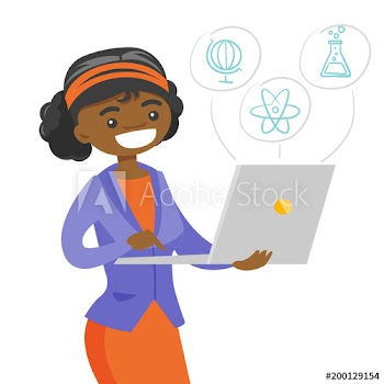 African-american student working on a laptop computer connected with icons of school sciences