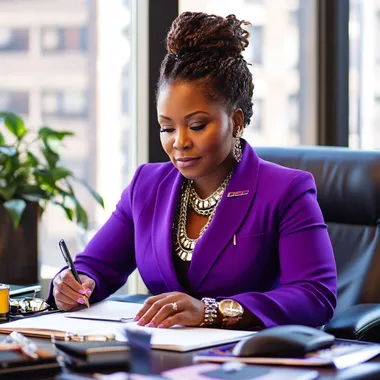 African American woman CEO in office writing at desk in purple suit African American woman CEO in office writing at desk in purple suit