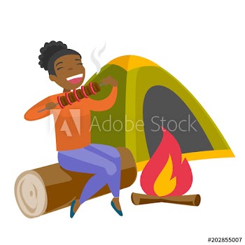 African-american woman enjoying camping picnic and roasting shashlik over the campfire in nature on the background of tent
