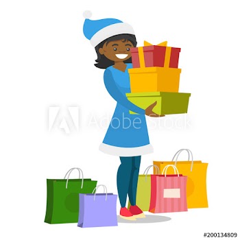 African-american woman in santa hat standing among shopping bags and holding gift boxes