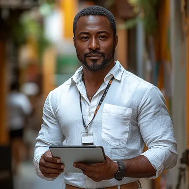 African environmental health and safety manager in white shirt with tablet African environmental health and safety manager in white shirt with tablet