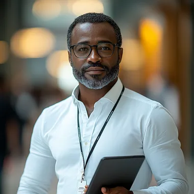 African environmental health and safety manager in white shirt with tablet African environmental health and safety manager in white shirt with tablet