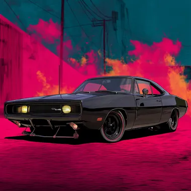 Aggressive Black 1970 Dodge Charger RT in Pop Art Style Aggressive Black 1970 Dodge Charger RT in Pop Art Style