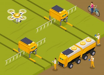 Agricultural automated robots fertilizing and spraying pesticides on crops with monitoring area drone isometric composition Free Vector