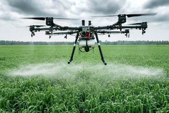 Agricultural Drone Spraying Over Green Crops