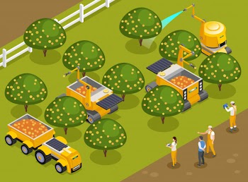 Agricultural robots orchard harvesting  isometric composition with automated machinery picking fruits and watering trees Free Vector