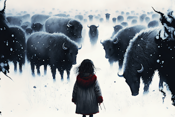 AI generated - A little girl say goodbye to the last bison concept