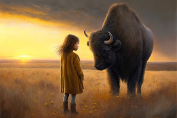 AI generated - A little girl say goodbye to the last bison concept