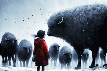 AI generated - A little girl say goodbye to the last bison concept
