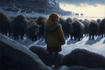 AI generated - A little girl say goodbye to the last bison concept