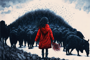 AI generated - A little girl say goodbye to the last bison concept