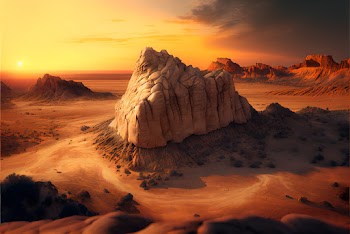 Ai generated art of desert view with sandy field and huge rocky cliff