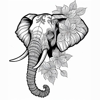 AI generated - Elephant drawing, floral ornament