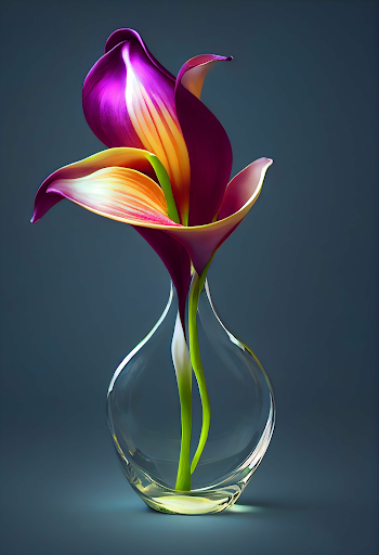 AI generated flower with lush purple and orange petals in a crystal vase on a gray background