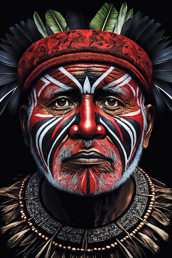 AI generated illustration of warrior portrait in shining armor with painted face, Papua ,New Guinea