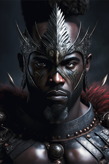 AI generated illustration of warrior portrait in shining armor with painted face, Papua ,New Guinea