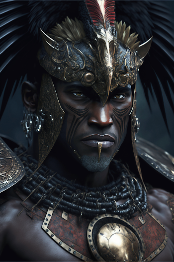 AI generated illustration of warrior portrait in shining armor with painted face, Papua ,New Guinea